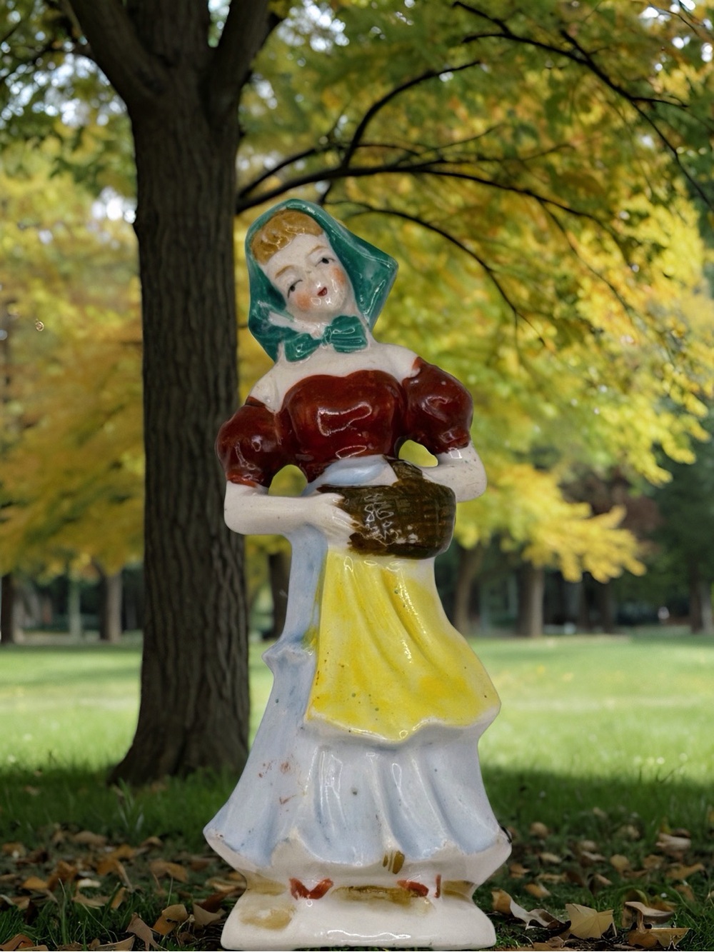 Vintage Porcelain Gold Accent Girl W/ Basket Figurine Made in Occupied Japan